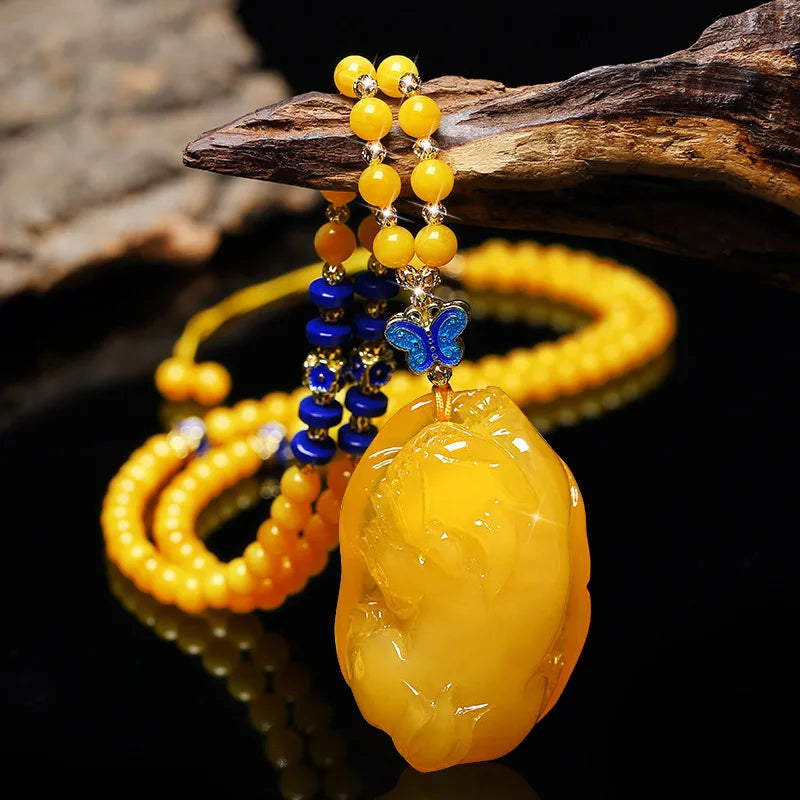 Drainage Gift Beeswax Pendant Women's Water Drop with Shape Sweater Chain Blue Carving Amber Necklace Pendant