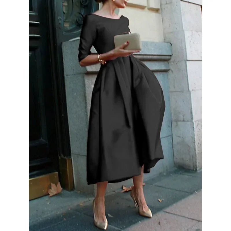 UOOZEE Women's Elegant Banquet Evening Midi Dresses 2024 New Autumn Half Sleeves Pleated Solid Color Party A-Line Dress