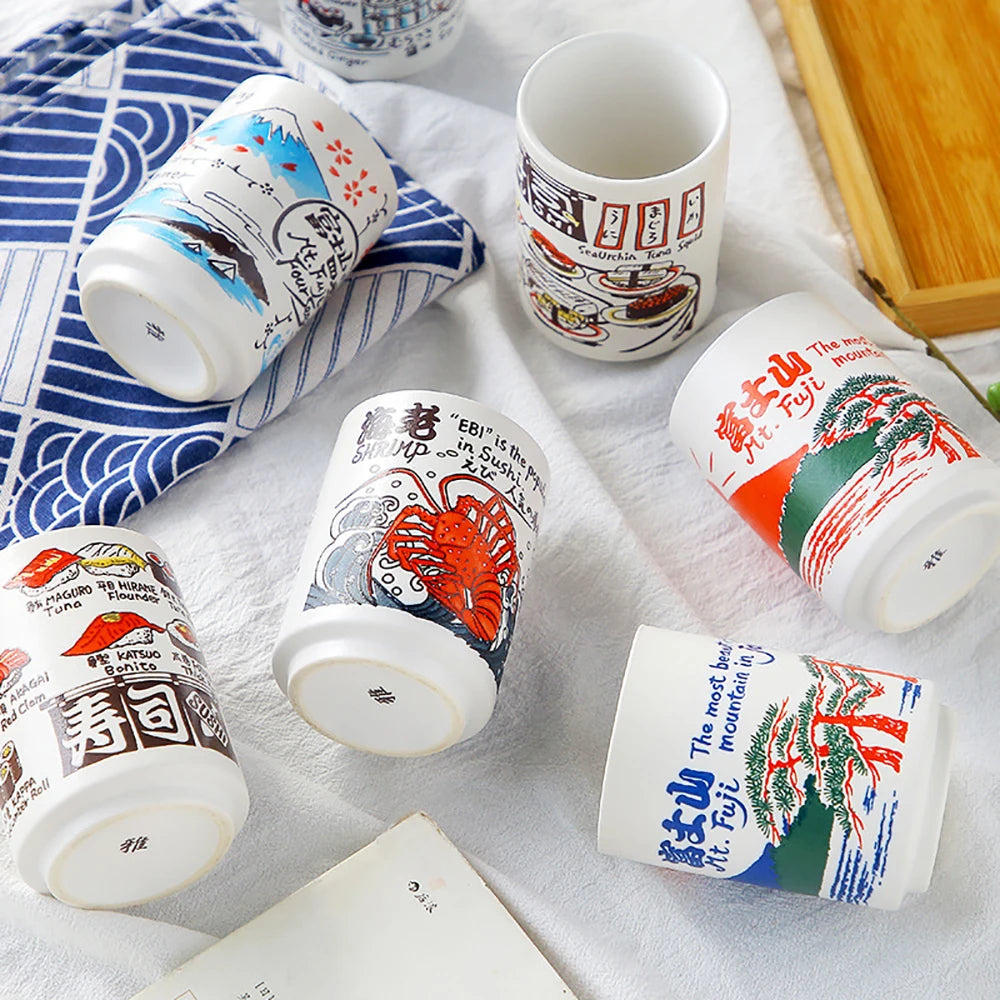 Japanese Impression Ceramic Mugs 300ml Tea Wine Sushi Sake Cup Funny Family Restaurant Decoration Travel Gift for Friends - KIMLUD