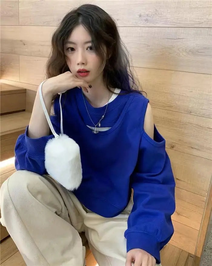 Spring Autumn Casual Fashion Hollow Out Sweatshirt Ladies Loose All-match Off the Shoulder Top Women Korean Style Solid Pullover