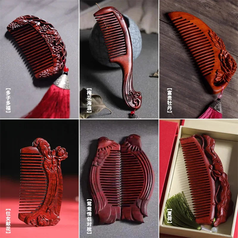 Natural Rhinoceros Horn Small Leaf Red Sandalwood Carved Wood Comb Retro Style Massage Comb Gifts with comb - KIMLUD