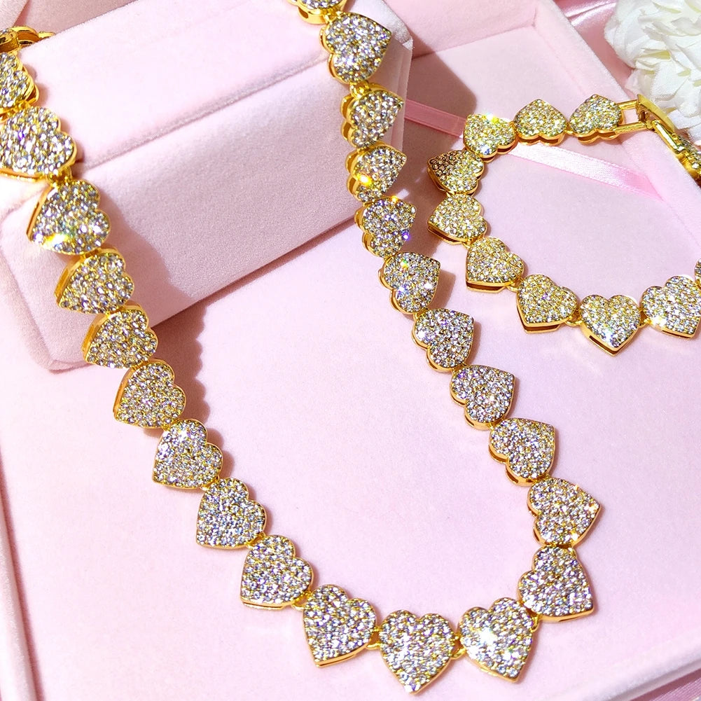 Crystal Heart Cuban Link Chain Necklace for Women 15mm Bling Full Rhinestones Paved Heart Tennis Chain Necklace Hip Hop Jewelry