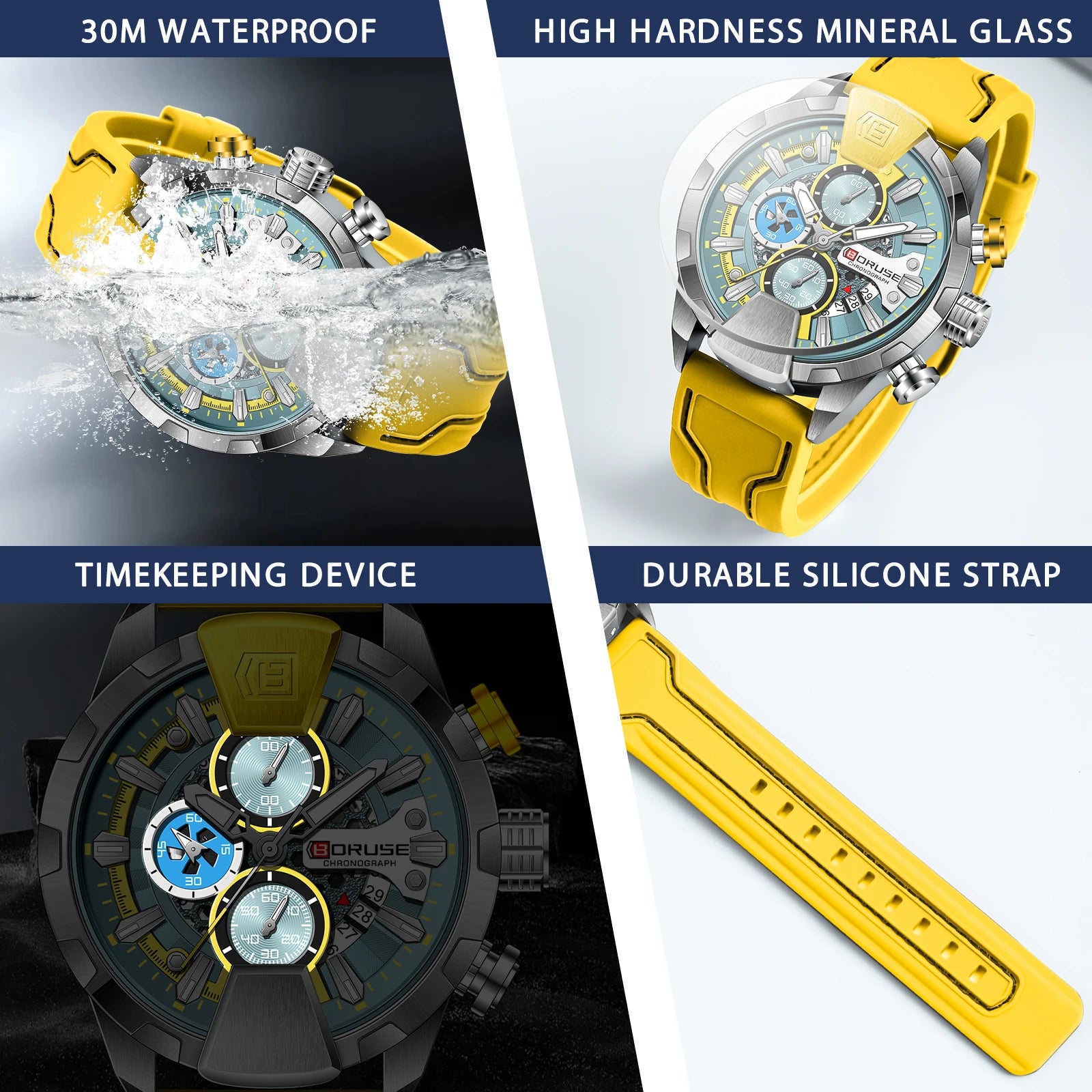 BORUSE Yellow Watches for Men Business Chronograph  Silicone Waterproof Quartz Wristwatch Reloj Hombre
