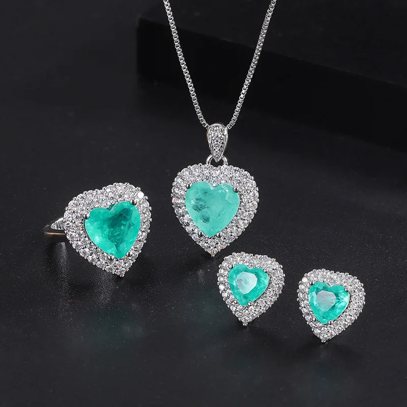 KIMLUD, Luxury 925 Sterling Silver Paraiba Heart Necklace Earrings Ring for Women Girl Wedding Dinner Party Jewelry Set Anniversary Gift, KIMLUD Womens Clothes