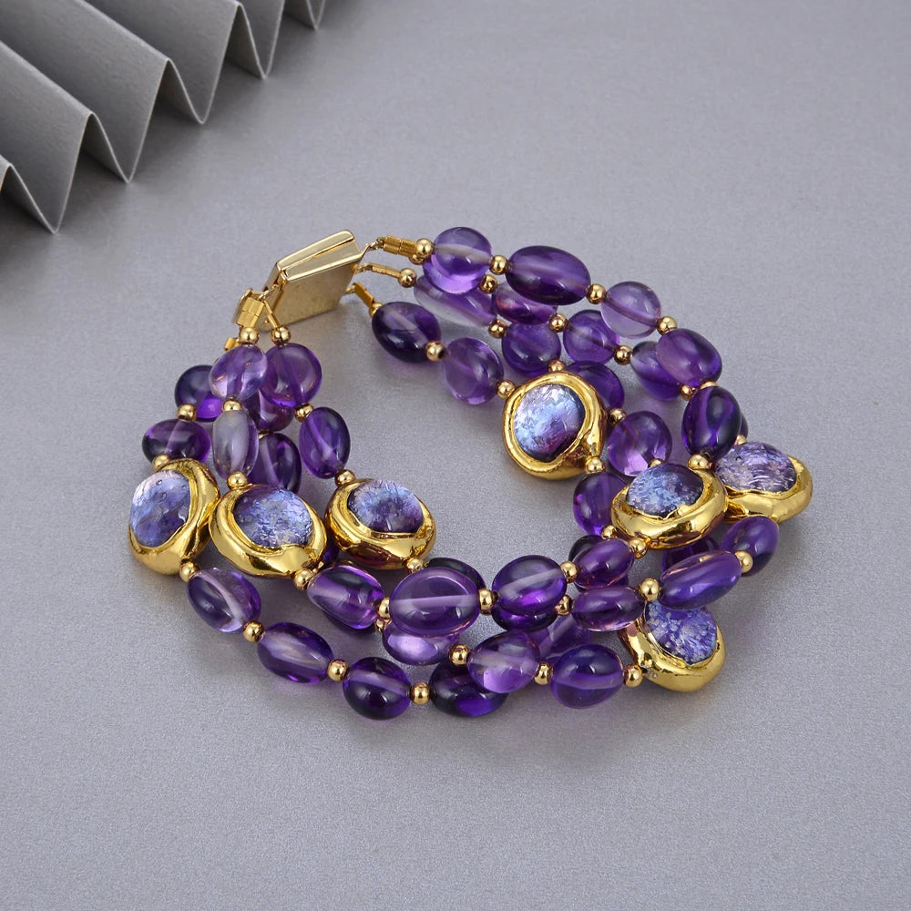 KIMLUD, GuaiGuai Jewelry 4Rows Natural Purple Amethysts Rough With Electroplated Edge Purple Murano Glass Bracelet 8" For Women, KIMLUD Womens Clothes