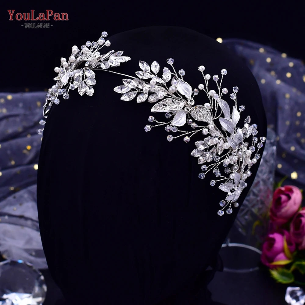 YouLaPan Alloy Leaves Headband Bridal Wedding Rhinestone Headwear Delicate Handmade Beaded Crystal Jewelry Hair Accessory HP272