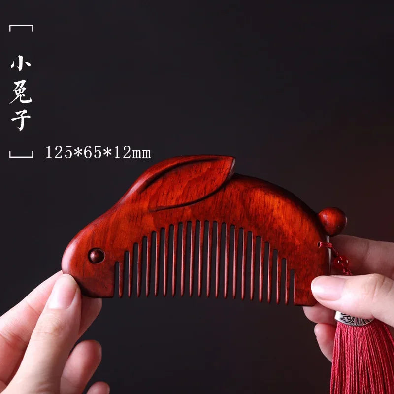 Natural Rhinoceros Horn Small Leaf Red Sandalwood Carved Wood Comb Retro Style Massage Comb Gifts with comb - KIMLUD