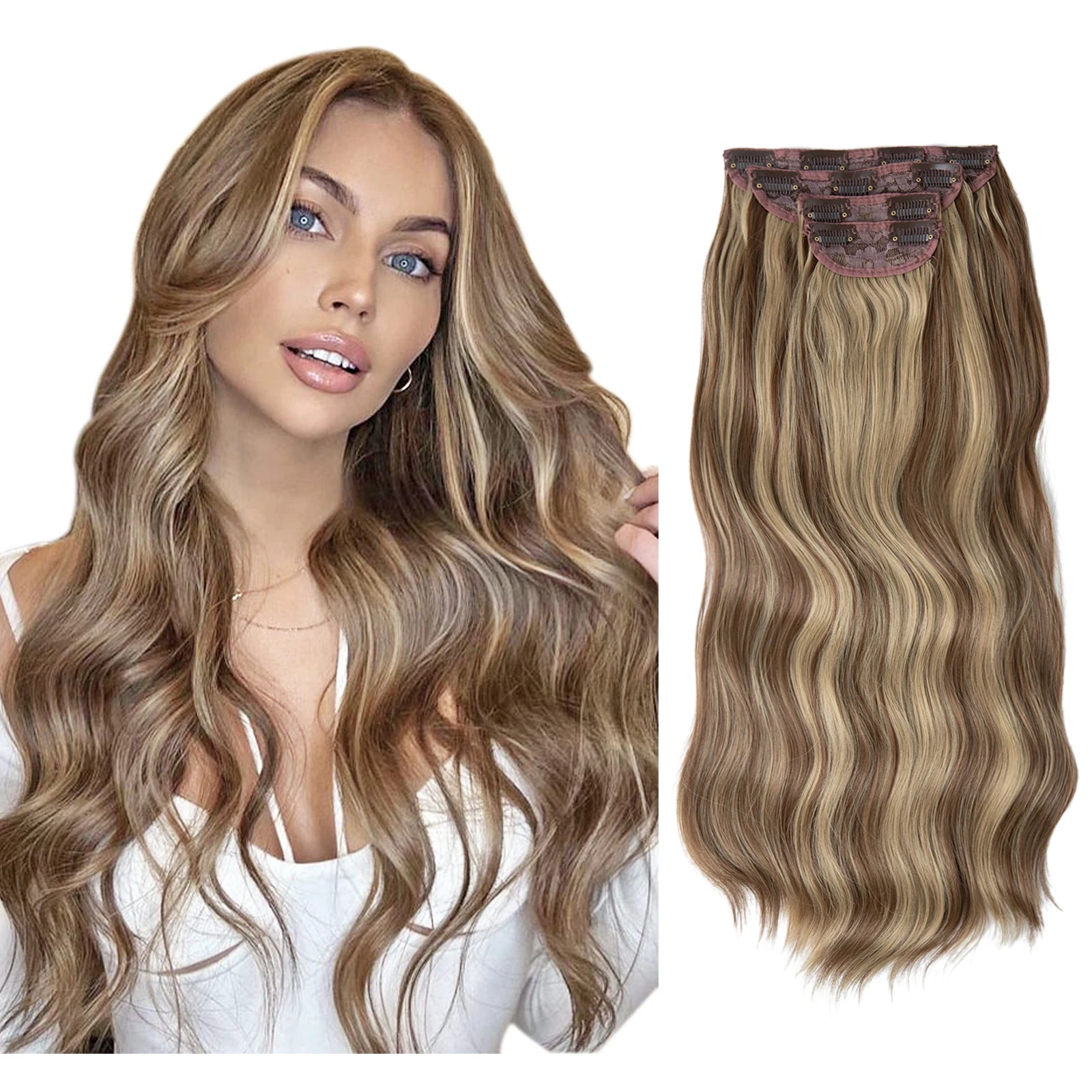 22" 4pcs/set Synthetic Clip In Hair Extensions Elegant Long Wavy Thick Hairpiece Daily Use Brown Blonde Natural Fake Hair - KIMLUD