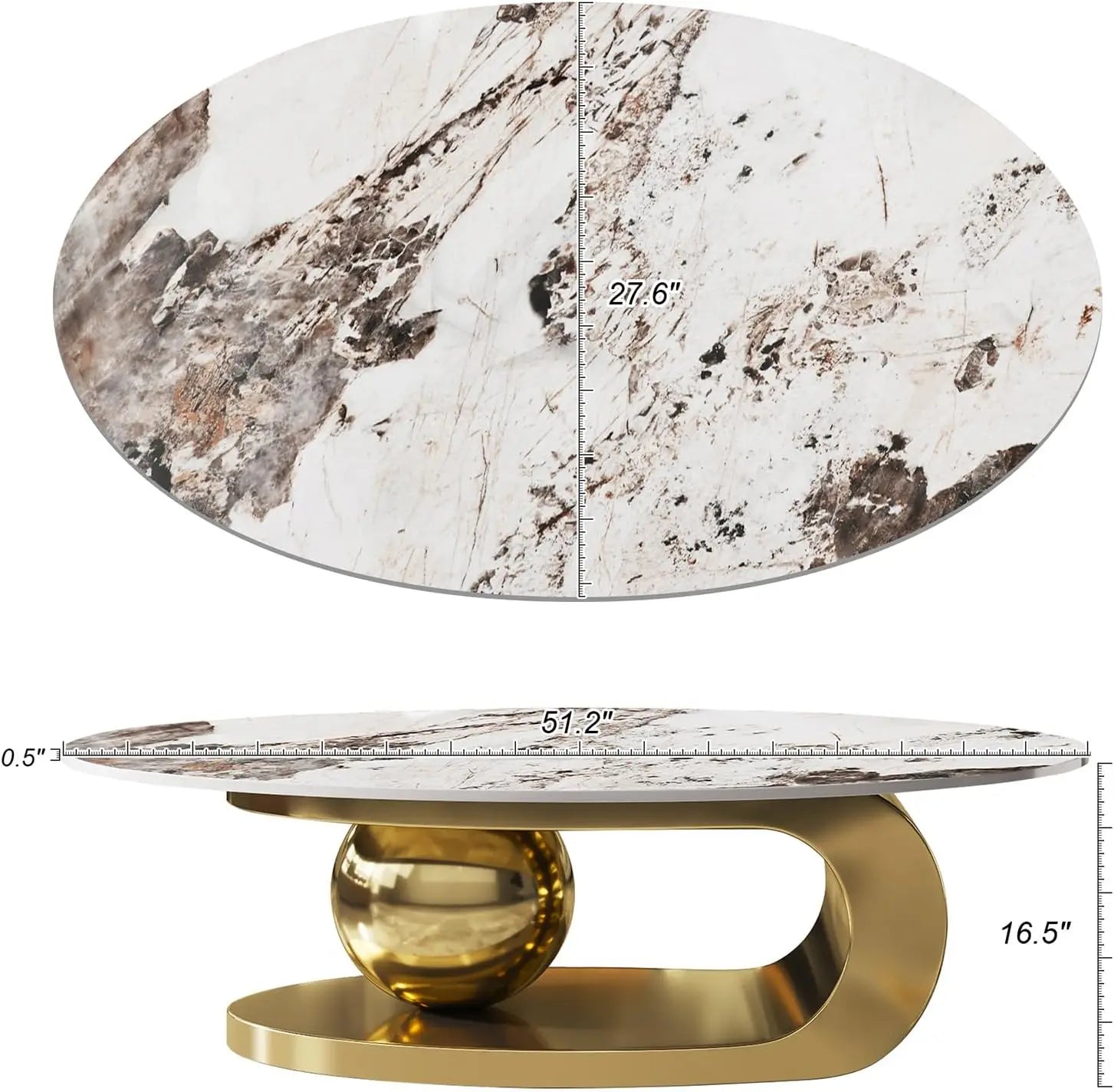 51" Lx28 Wx16.5 H.Modern Oval Stone Coffee Table with Abstract Gold Metal Base - Perfect Centerpiece for Stylish Living Rooms-Go