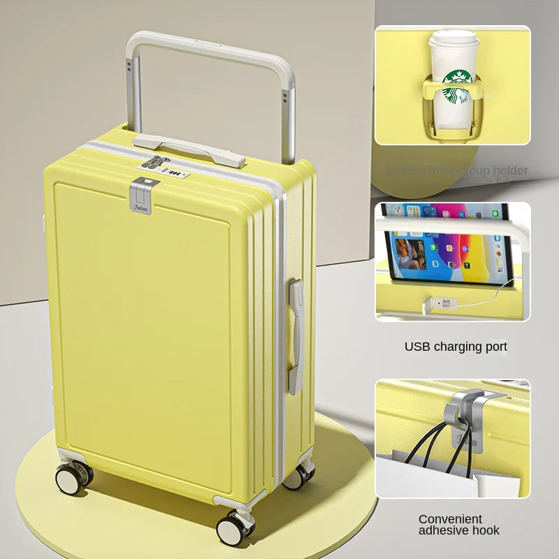 KIMLUD, Multifunctional Draw-Bar Suitcase Zipper Wide Handle Trolley Luggage with Cup Holder USB Port Trip Boarding Case Spinner 20 inch, yellow / 26Inches 650mm, KIMLUD APPAREL - Womens Clothes