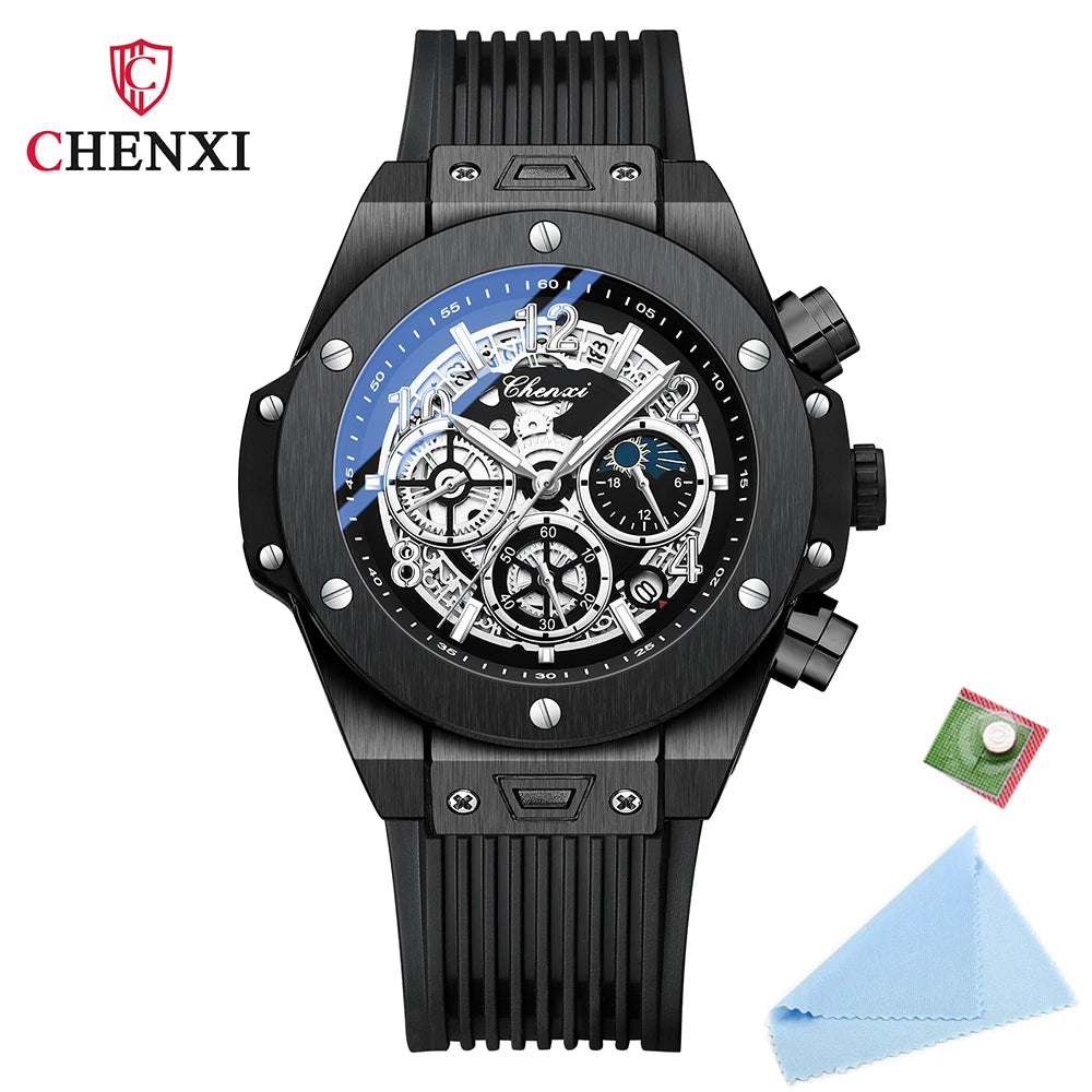 2024 CHENXI Mens Watches Top Brand Luxury Black Silicone Strap Sports Military Watch Men Waterproof Watches Stopwatch Moon Phase