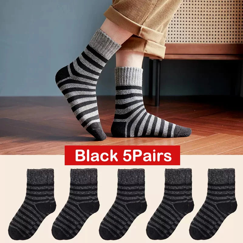 KIMLUD, 5pair Winter Thick Socks Men Super Thicker Solid Sock Striped Merino Wool Rabbit Socks Against Cold Snow Russia Winter Warm Sock, style 02 Black, KIMLUD APPAREL - Womens Clothes