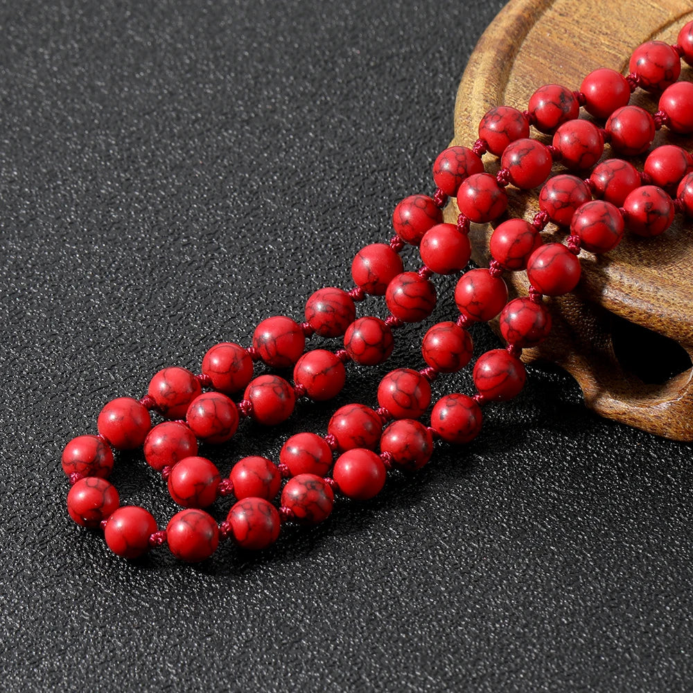 8mm Red Turquoise Knotted 108 Mala Beaded Necklace Meditation Yoga Blessing  Jewelry for Men and Women