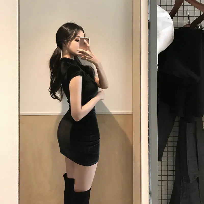 Elegant Black Short Sleeve Button Sexy Dress Women Casual Shopping Photo New Chinese Dress Tight Fashion Summer 2022 - KIMLUD