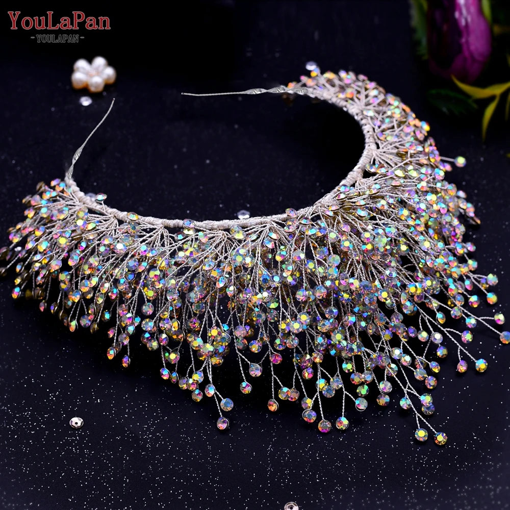 KIMLUD, YouLaPan Trendy Bridal Hair Hoop Colorful Rhinestone Wedding Crown Handmade Bride Tiara Hair Accessories Woman Headband HP193P-C, KIMLUD Womens Clothes