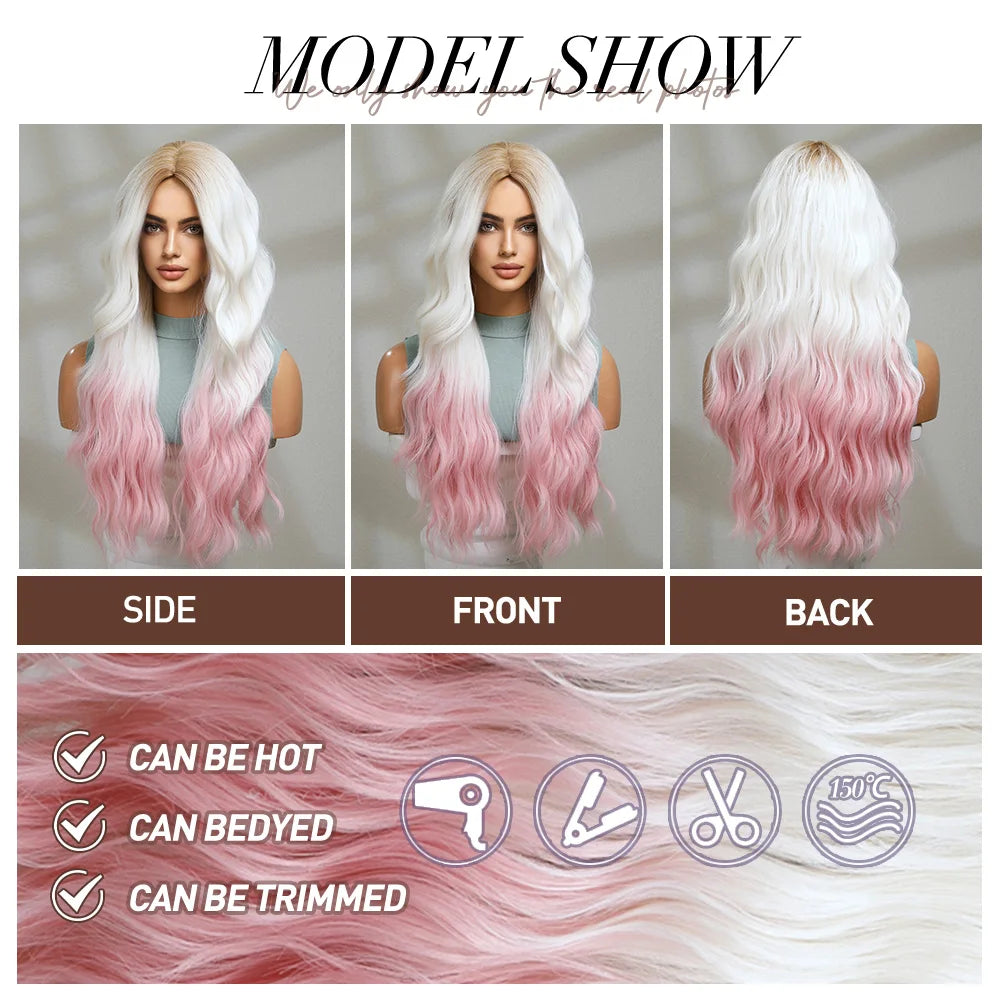 KIMLUD, oneNonly Pink White Long Wig Blonde Rainbow Wavy Wigs Halloween Cosplay Party Wigs for Women Makeup Tools Synthetic Hair, KIMLUD Womens Clothes