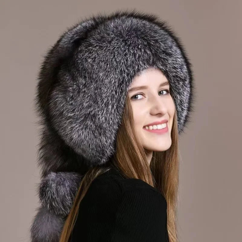 Real Fox Fur Hat For Women Winter Thickened Warm Natural Fur Princess Hat Adjustable Russians Cap Real Raccoon Fur Bomber Caps