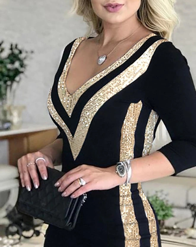 sexy elegant dresses for women Contrast Sequin V-Neck Bodycon Dress  new fashion 2024 Female clothing outfits