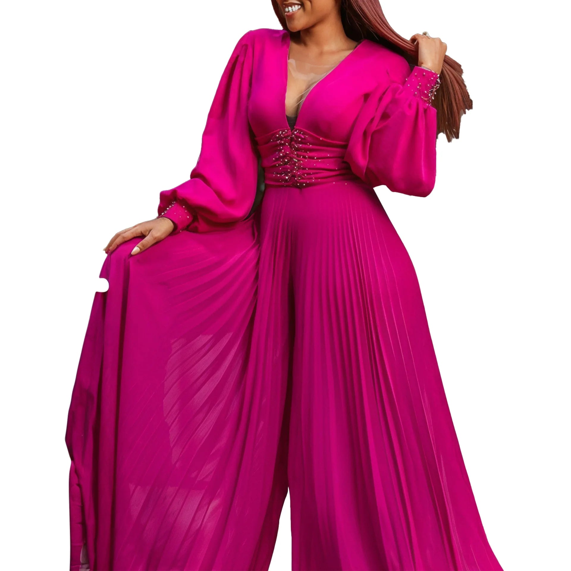 Plus Size Beaded Mesh Fashion Casual Loose Wide Leg African Jumpsuit for Women Pleated Romper Long Pants Ankara Dashiki Overalls