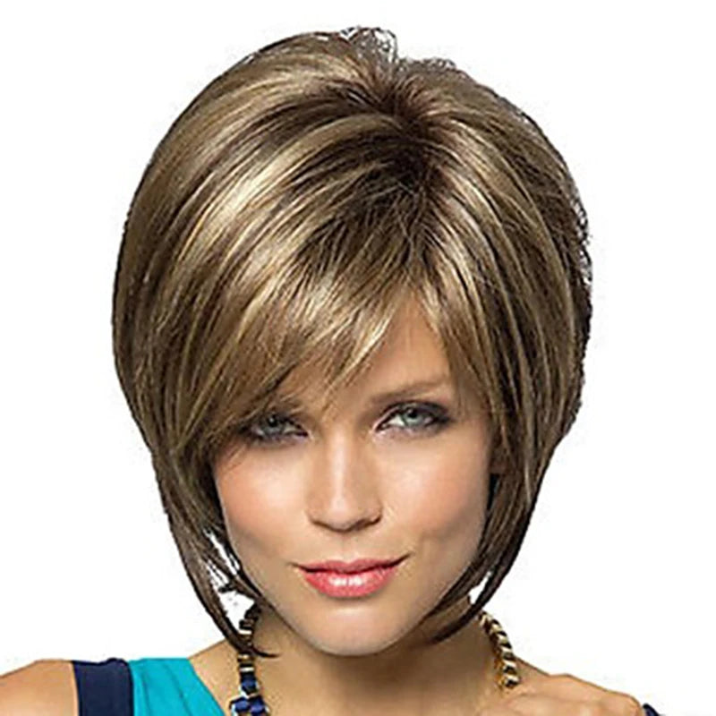 KIMLUD, HAIRJOY Women Straight Bangs Style Pixie Cut Synthetic Hair Wig Brown Mixed Short Wigs Machine Made, KIMLUD Womens Clothes