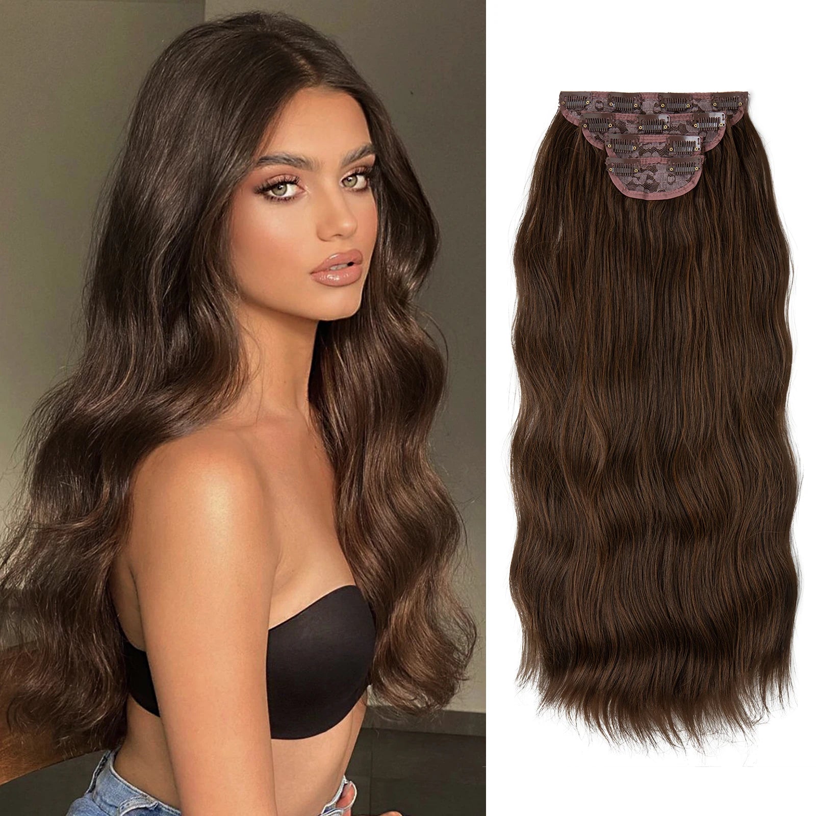 22" 4pcs/set Synthetic Clip In Hair Extensions Elegant Long Wavy Thick Hairpiece Daily Use Brown Blonde Natural Fake Hair - KIMLUD