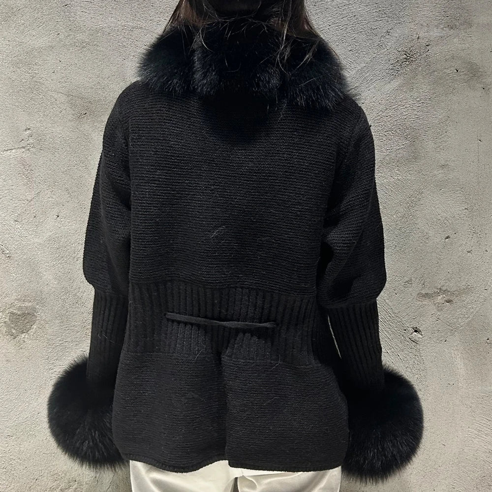 Fox Fur Cardigan Women Sweater Winter Slim Fox Fur Outerwear Elegant Fashion Fur Sweaters