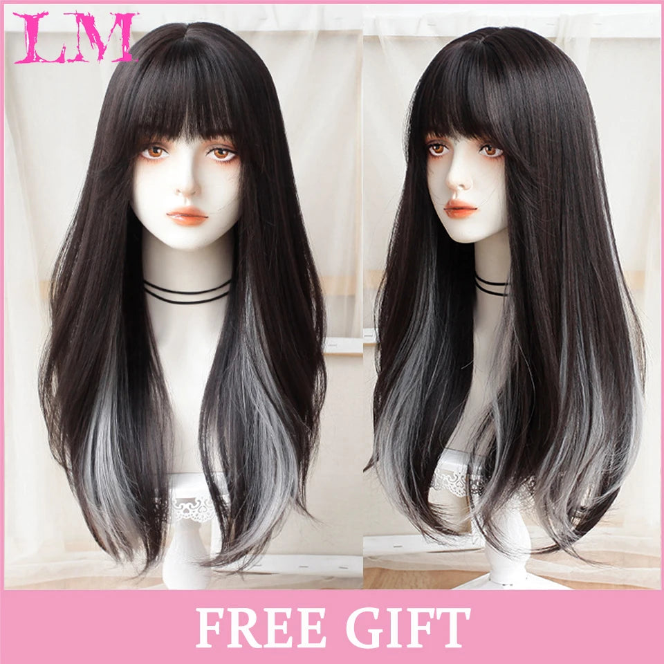 LM Long Natural Wavy Platinum Blonde Pink Wigs with Bangs Cosplay Party Lolita Synthetic Wigs for Women Heat Resistant Fiber