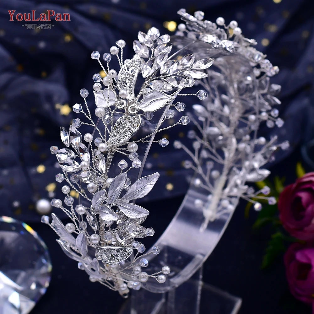 YouLaPan Alloy Leaves Headband Bridal Wedding Rhinestone Headwear Delicate Handmade Beaded Crystal Jewelry Hair Accessory HP272