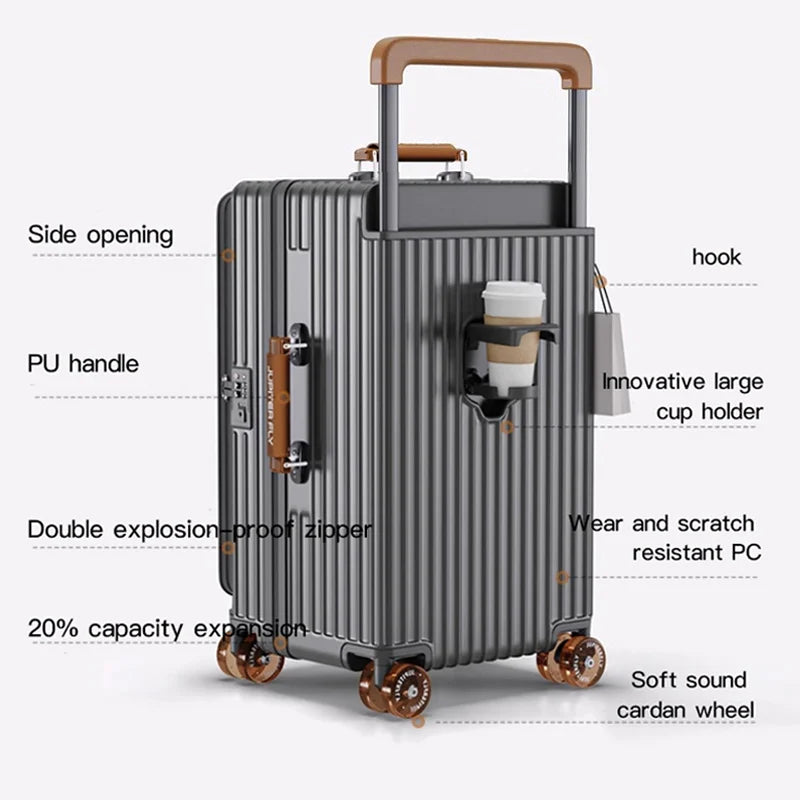 MUXING Wide Trolley Luggage Front Opening Multi-Functional Women 20-Inch Small Lightweight Boarding Box 24-Inch Men's Suitcase - KIMLUD