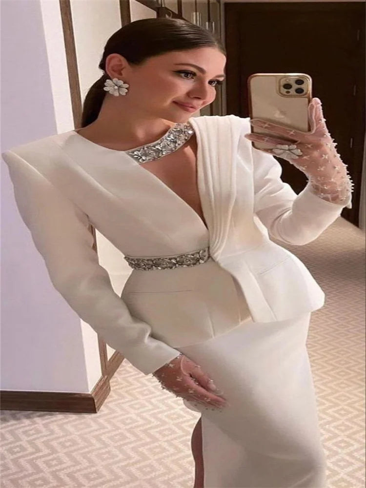 Evening Dresses Full Sleeves Jacket Formal Dresses 2024 Beads Cocktail Party Dresses Saudi Arabia Dubai Prom Gown  فساتين طويلة