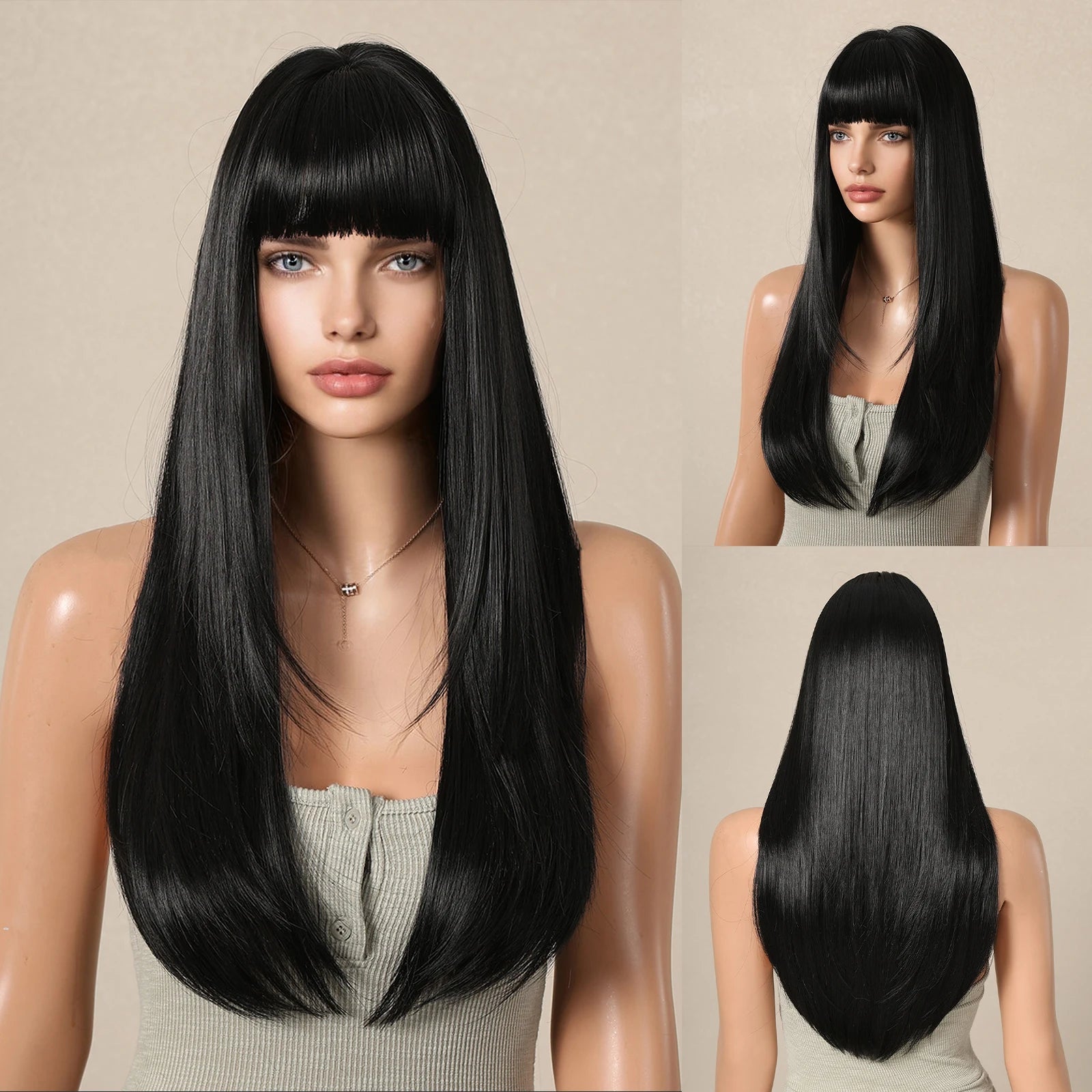 KIMLUD, Ombre Synthetic Straight Cosplay Women Hair Platinum Blonde to Black Hair Long Layered Natural Wigs with Bangs for White Women, Wig-LC2163-1, KIMLUD APPAREL - Womens Clothes