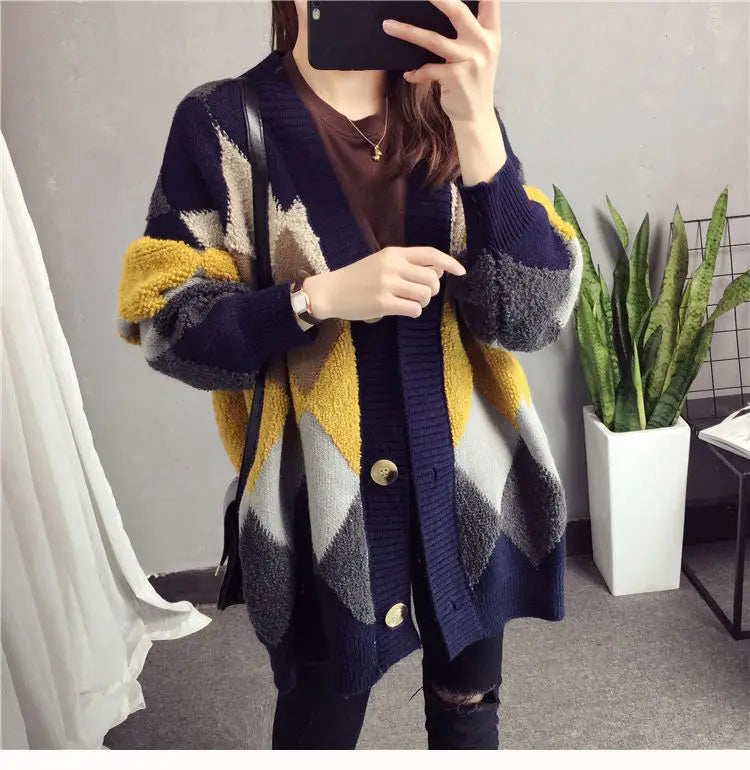 KIMLUD, Slouchy Style Sweater Women's Cardigan Loose Autumn and Winter Korean 2023 New Style Outerwear Knitted Jacket Medium Length, KIMLUD Womens Clothes