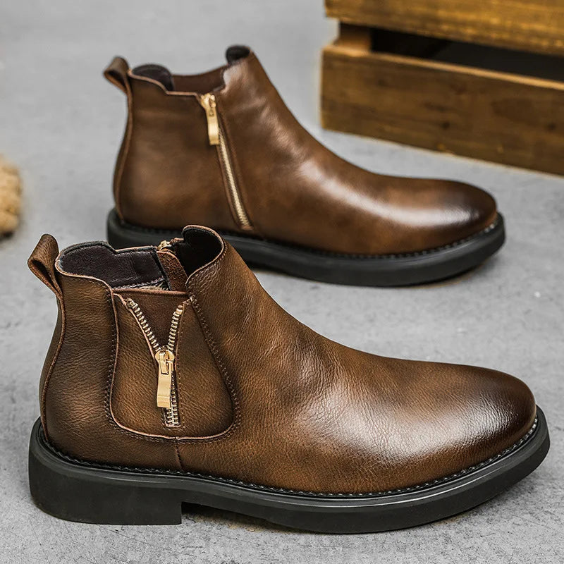 British Style Men's Chelsea Boots New Fashion Male Chelsea Boots Genuine Leather Elastic Strap Ankle Boots Business Dress Shoes