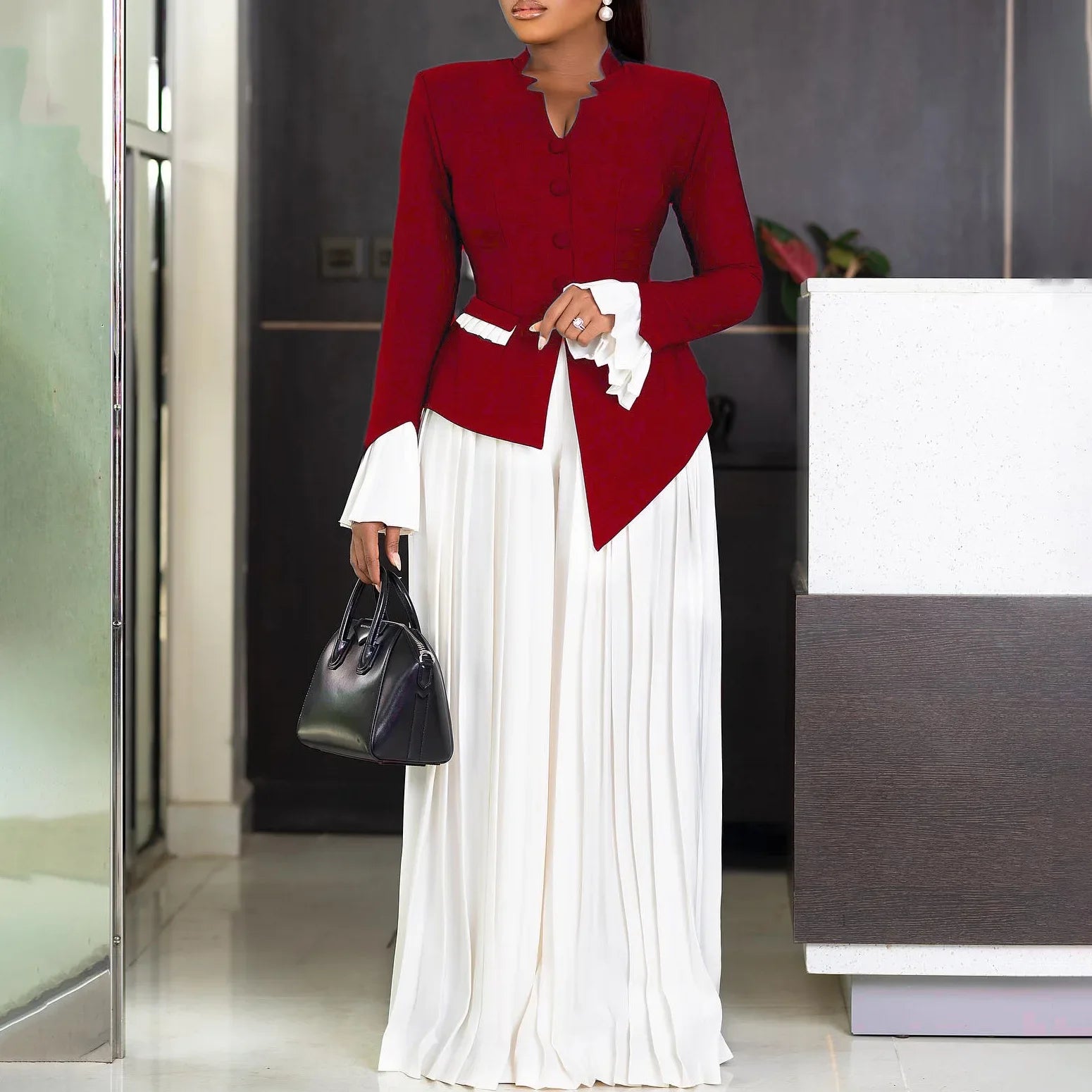 New Stylish Flared Sleeve Top Pleated Wide-leg Pants Two-piece African Suit