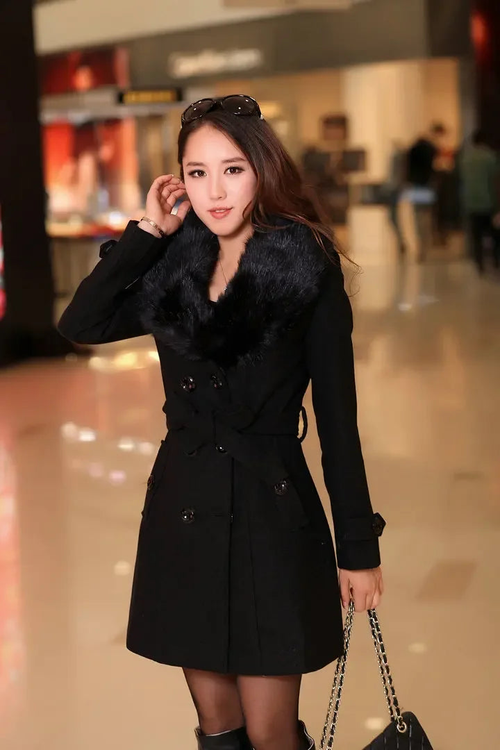 Mid Length Wool Coats Women Fur Collar Splice Blends Korean Full Sleeve Double Breasted Lace Up Belt Thick Warm Winter Jackets