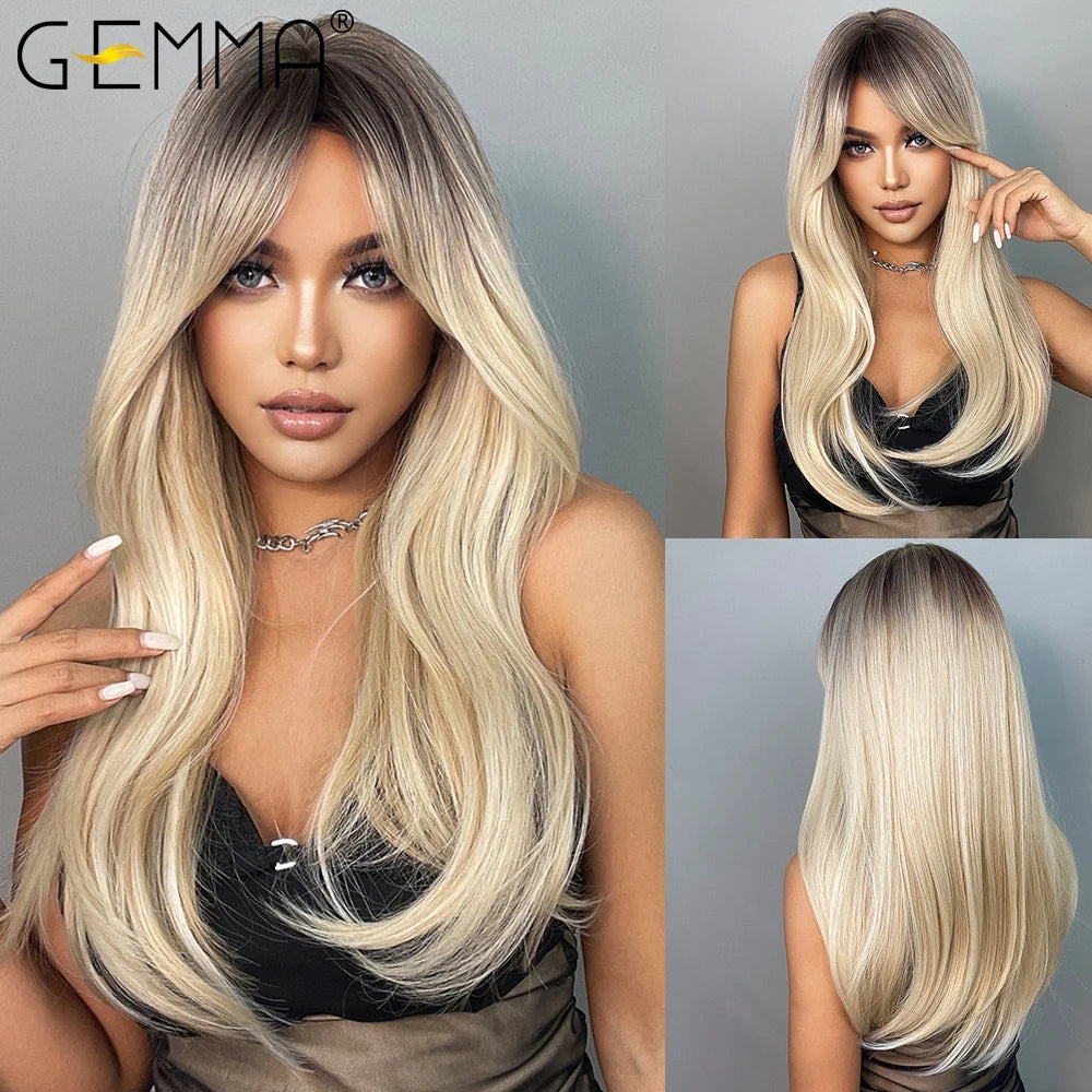 GEMMA Red Brown Copper Ginger Long Straight Synthetic Wigs for Women Natural Wave Wigs with Bangs Heat Resistant Cosplay Hair - KIMLUD