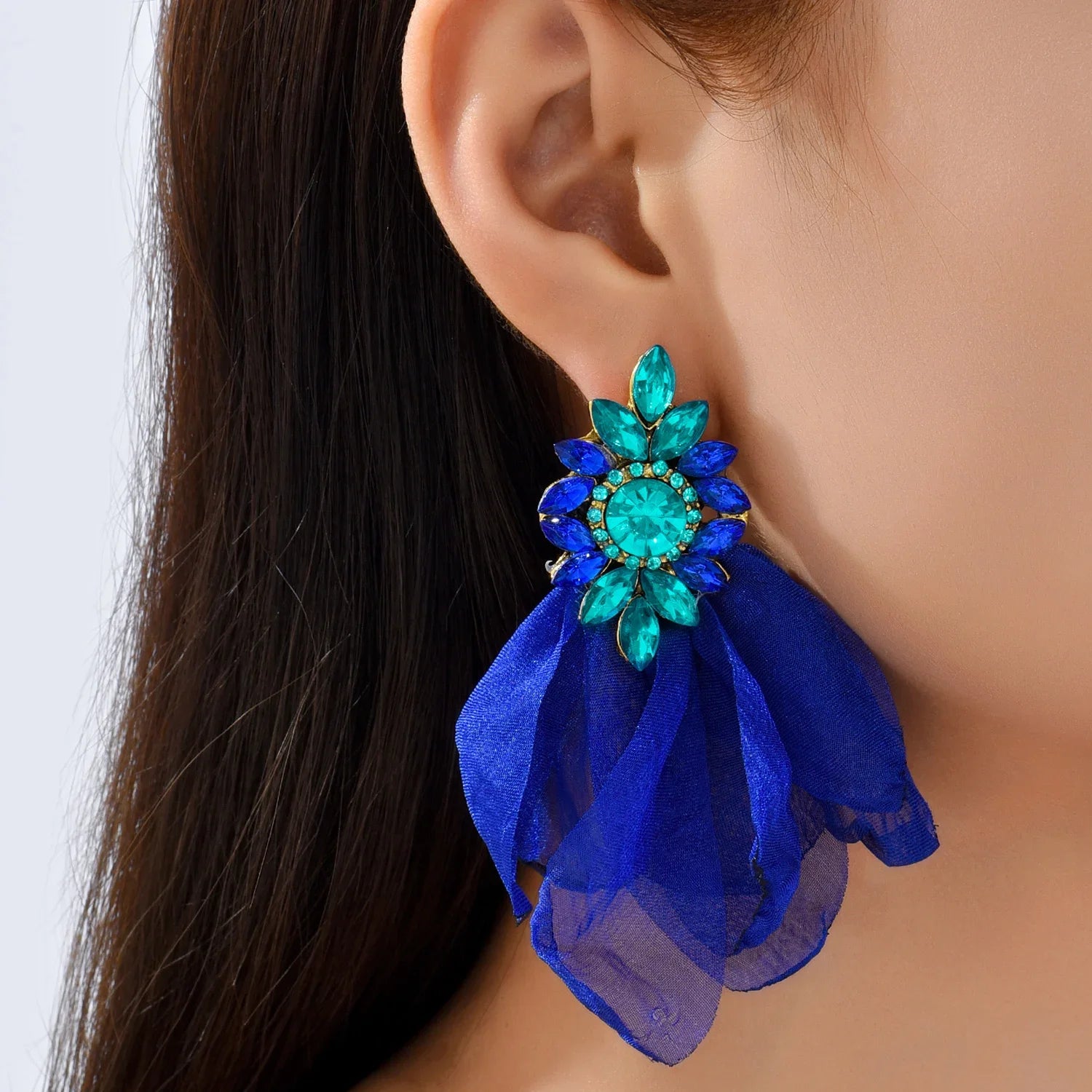 KIMLUD, Ethnic Beach Jewelry Bohemia Fabric Handmade Flower Earrings For Women Rhinestone Geometry Dangle Earring Bijoux Accessories, Blue, KIMLUD APPAREL - Womens Clothes