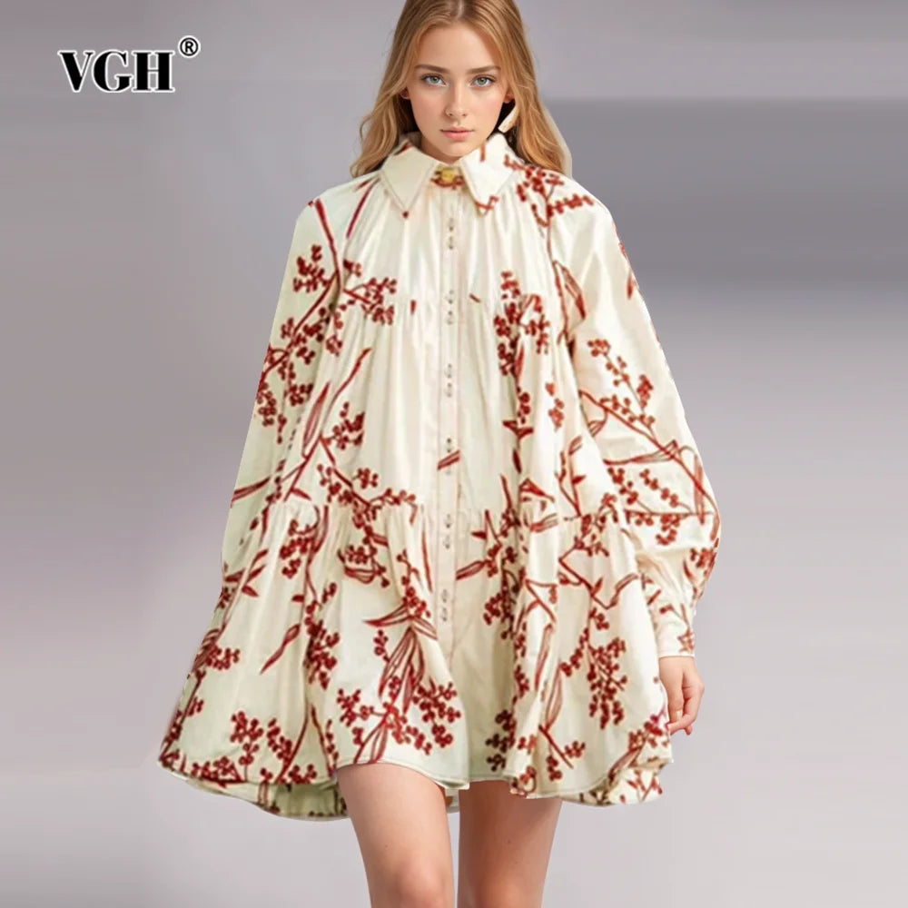 VGH Hit Color Spliced Embroidery Mini Dress For Women Lapel Collar Lantern Sleeve Patchwork Single Breasted Dresses Female New