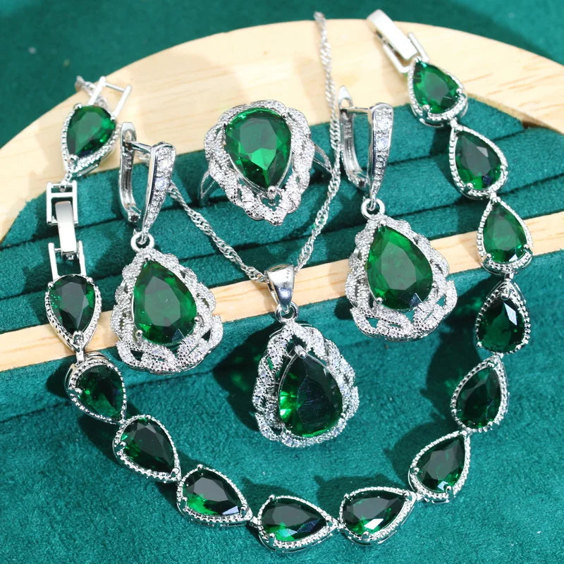 Classics Green Zircon 925 Silver Jewelry Sets for Women Wedding Bracelet Earrings Necklace Pendant Ring Dating Gifts