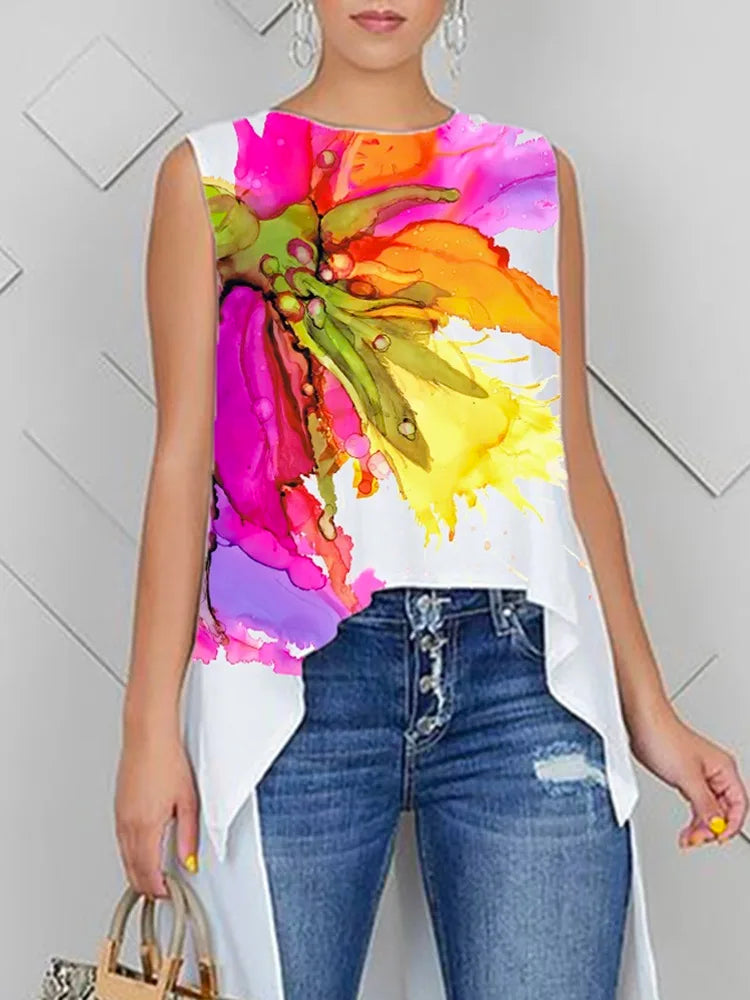 Yeezzi 2024 New Arrivals Women Korean Fashion Floral Printed T-Shirt Summer Sleeveless Loose High-Low Casual Vest Tops