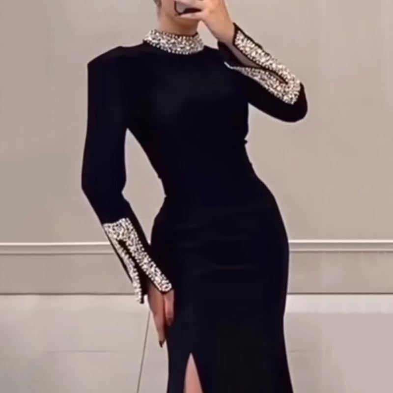 Women Elegant Solid High Slit Party Dress Temperament Long Sleeve Slim Evening Gala Dress Turtleneck Rhinestone Banquet Dresses