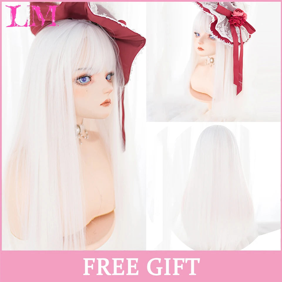 LM Long Natural Wavy Platinum Blonde Pink Wigs with Bangs Cosplay Party Lolita Synthetic Wigs for Women Heat Resistant Fiber