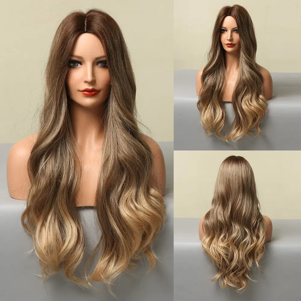 Long Wavy Wigs White Blonde Brown Roots Synthetic Natural Wave Hair Cosplay Wigs for Women High Temperature Fiber Middle Part - KIMLUD