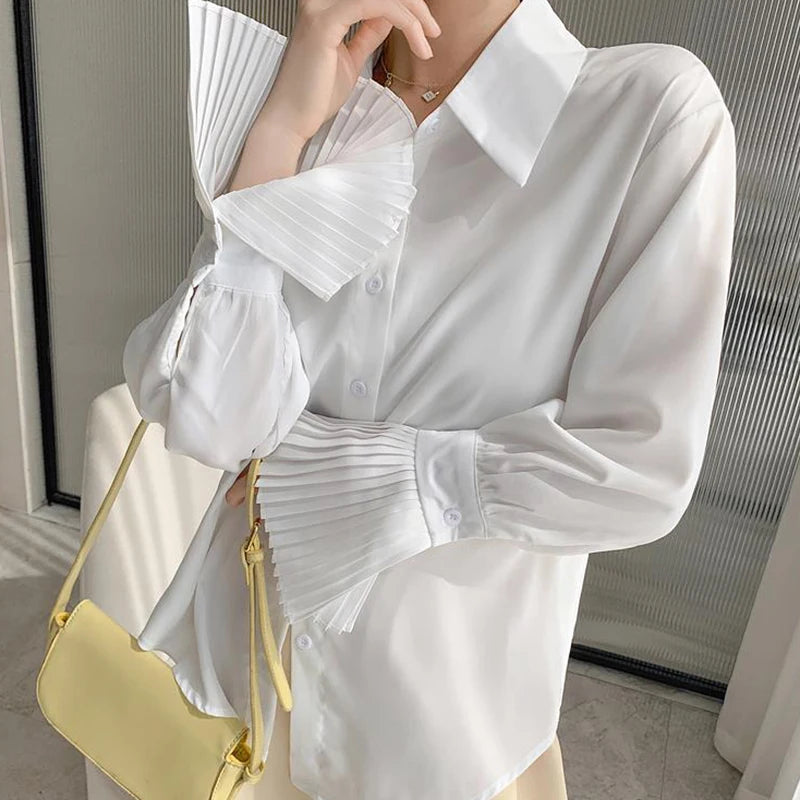 Jmprs Designed Women Flare Sleeve Women Shirts Office Ladies White Korean Fashion Fall Tops Elegant Button Up Female Shirt