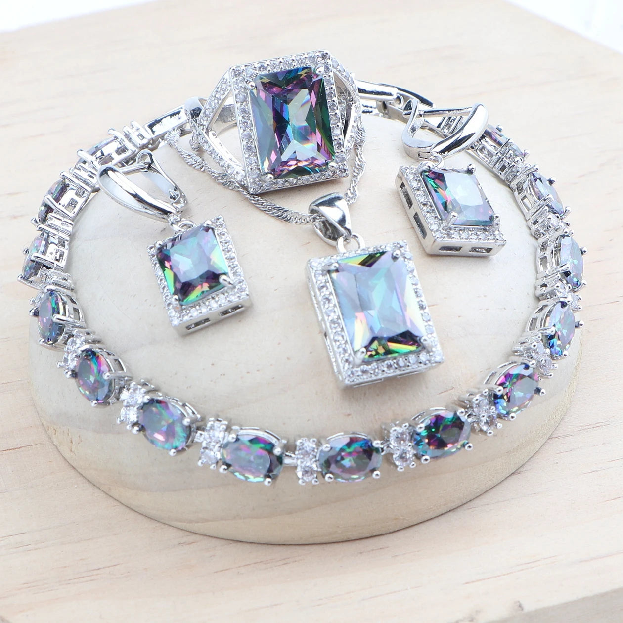 Natural Magic Rainbow CZ Bridal Jewelry Sets 925 Silver Stones Bracelets Earrings Rings Pendant Necklace Set For Women