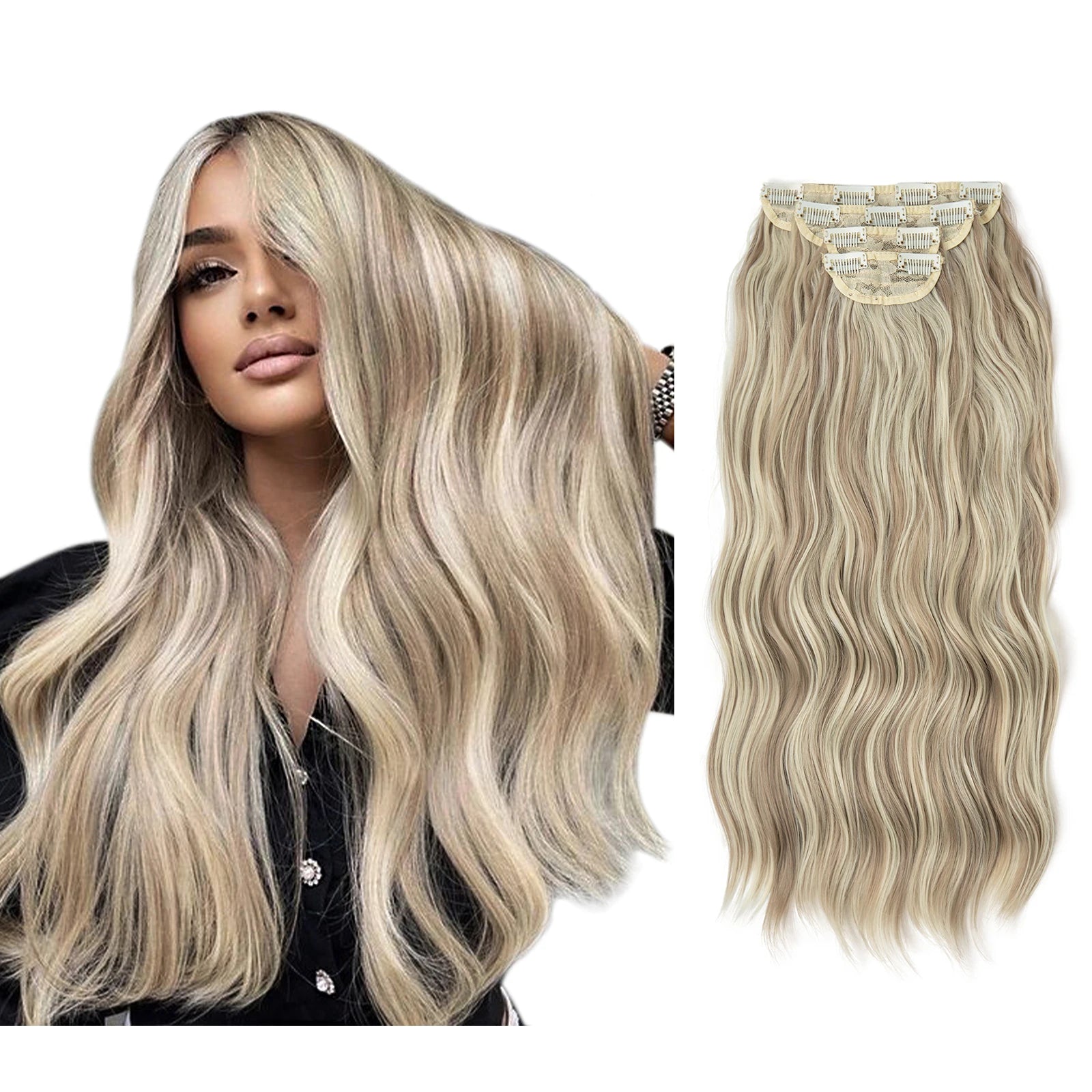 22" 4pcs/set Synthetic Clip In Hair Extensions Elegant Long Wavy Thick Hairpiece Daily Use Brown Blonde Natural Fake Hair - KIMLUD