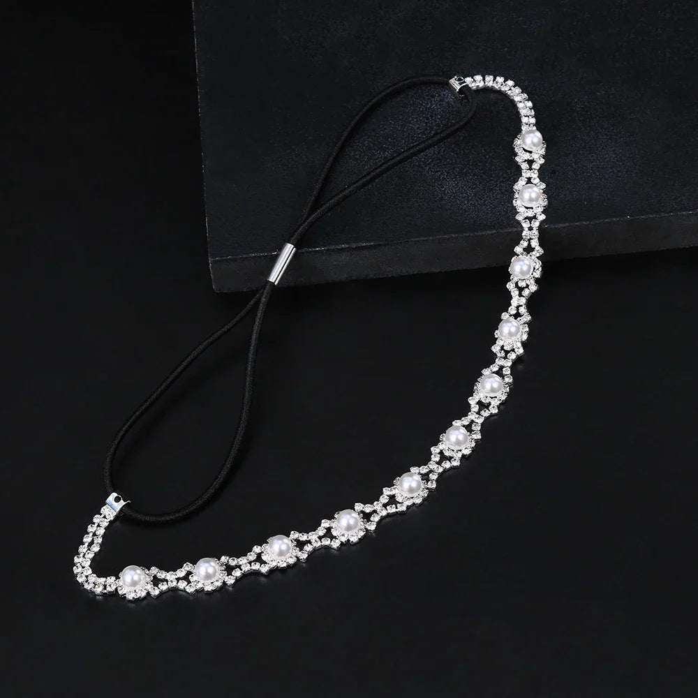 New Fashion Women Elastic Rhinestone Headband Women Wedding Bridal Hair Chain Pearl Crystal Hair Band Head Chain Accessories