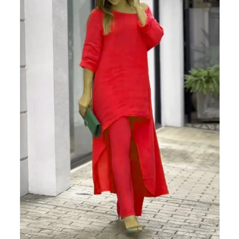 2 Piece Sets Women Solid Color Irregular Long Sleeved Tops Wide Leg Pants Two-piece Set Female Elegant Office Lady Outfit 2025