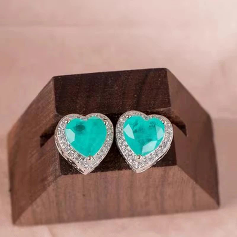 Silver Heart Shape Paraiba Tourmaline Gemstone Stud Earrings For Women Fashion Wedding Statement Jewelry Anniversary Gift - KIMLUD