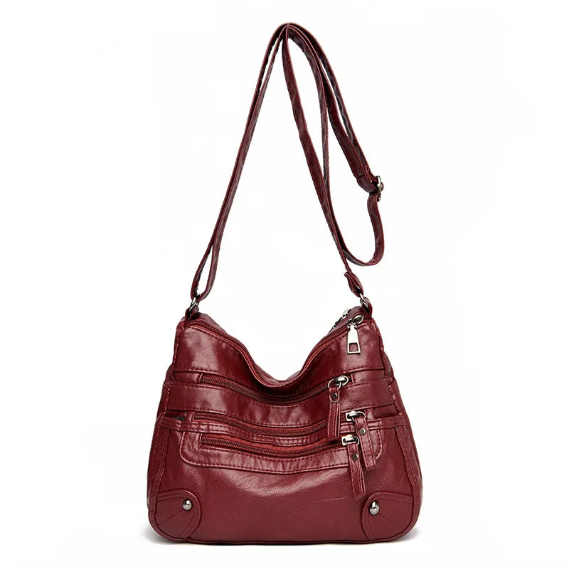 Women's Multi Zipper Shoulder Bag, Versatile Solid Color Faux Leather Crossbody Bag - KIMLUD